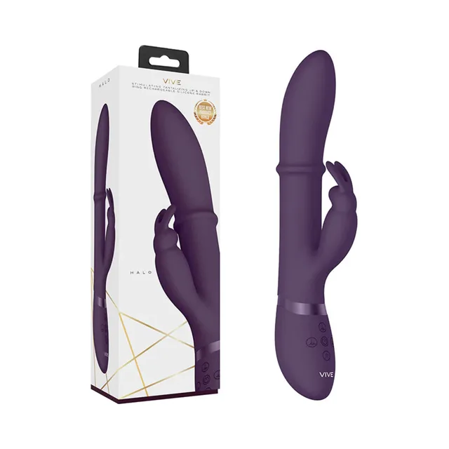 Purple VIVE HALO rabbit vibrator with integrated shaft ring beside box