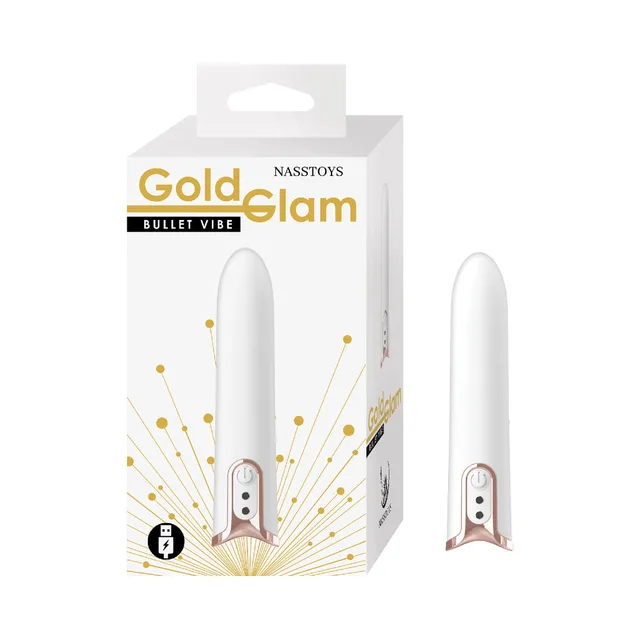 Nasstoys Gold Glam white Bullet Vibrator beside retail box