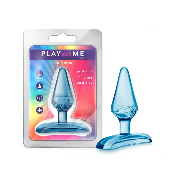 Blush Play With Me Jolly blue tapered TPE plug beside front retail package
