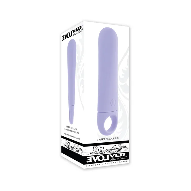 Evolved Tart Teaser purple wedge vibrator beside white retail box