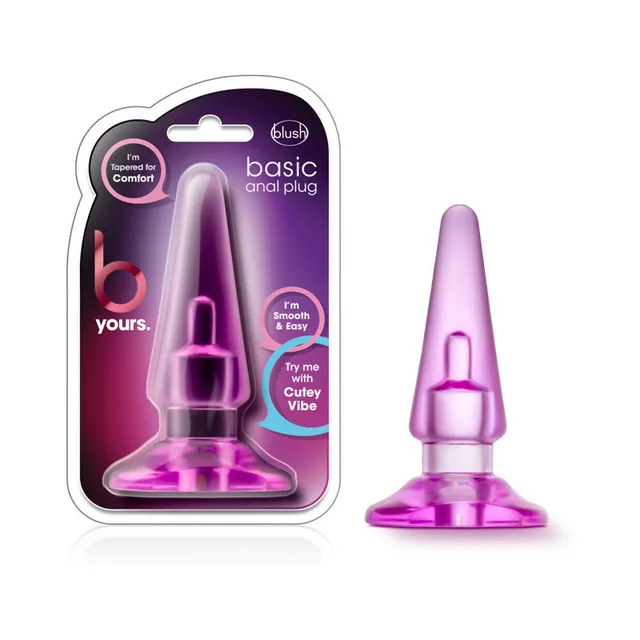 Hot pink B Yours Basic anal plug beside rounded retail package