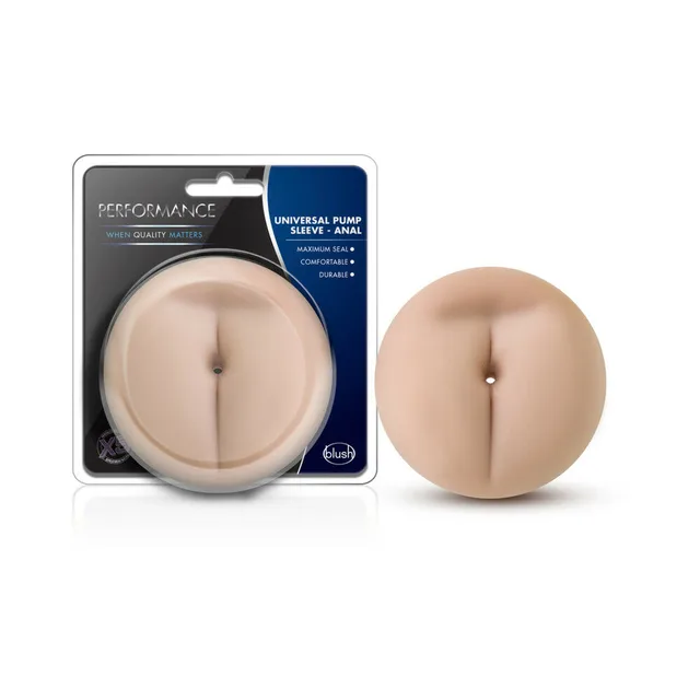 Blush Performance Universal beige pump sleeve retail blister beside rounded beige face with central vertical opening