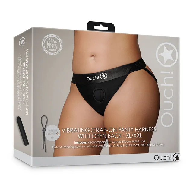 Shots Ouch black XL/2XL open-back vibrating strap-on panty harness front retail box
