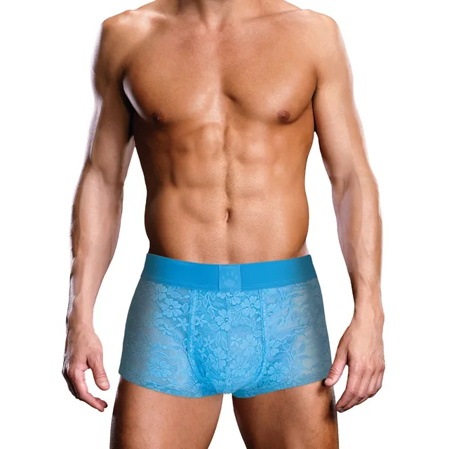 Front view of neon-blue Prowler lace trunk size L