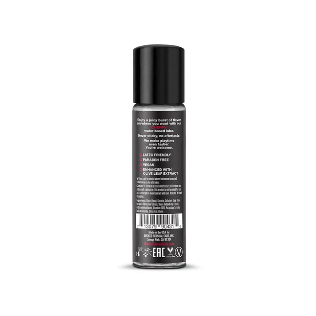 Wicked Aqua Cherry 1 oz lubricant back of slim black bottle with white information panel and barcode