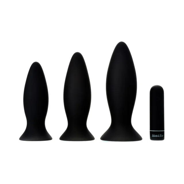 Adam & Eve black vibrating anal trainer kit three graduated plugs beside rechargeable bullet