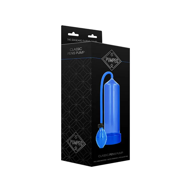 Shots Pumped Classic Blue Penis Pump in tall black carton
