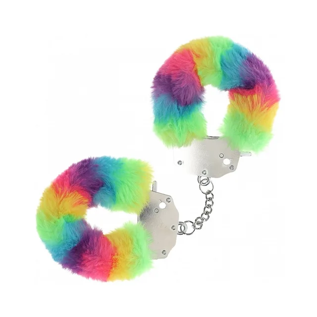 Shots Ouch handcuffs with bright rainbow fluffy covers and short silver chain
