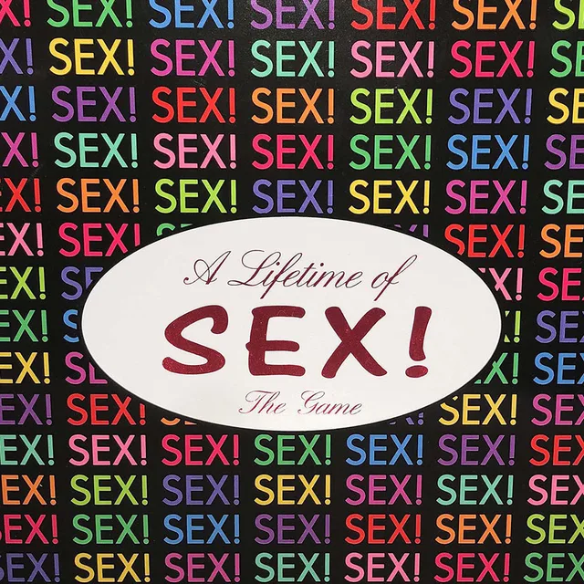 Colorful A Lifetime of Sex game box patterned with repeated SEX text