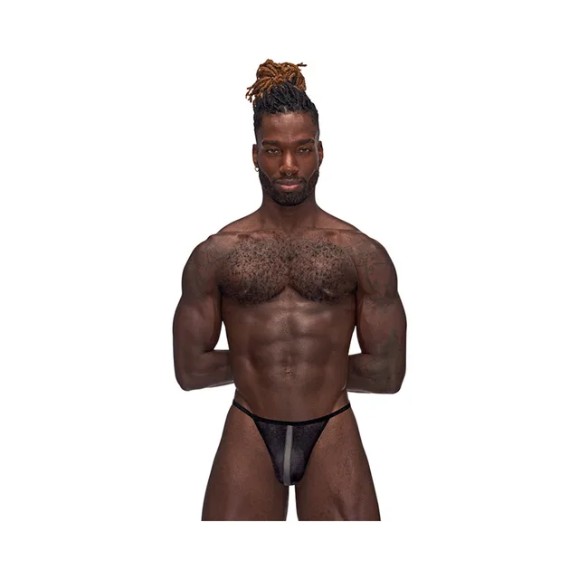 Close front view of black Male Power Landing Strip Micro Thong