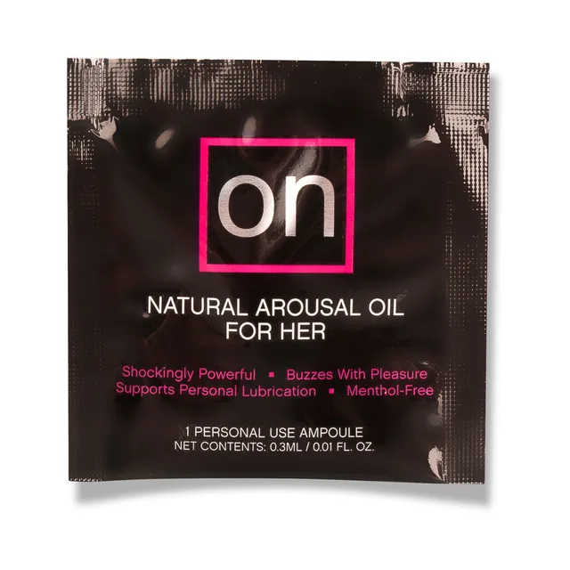 Black Sensuva ON natural arousal oil ampoule packet marked 0.01 fl oz