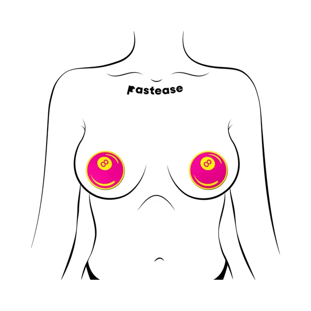 Pastease neon pink and yellow 8-ball breast pasties front placement illustration on a torso outline