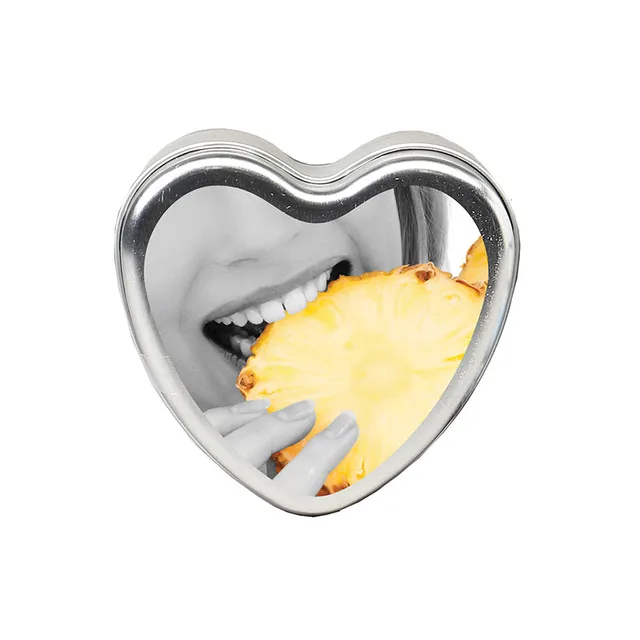 Earthly Body Pineapple Massage Candle 4 oz silver heart-shaped tin with pineapple label