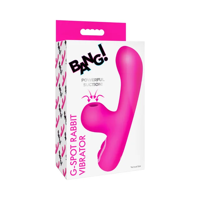 BANG hot-pink mini suction rabbit vibrator on white-and-pink carton