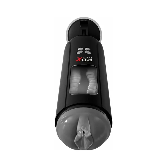 PDX Elite Ultimate Milker stroker front close-up with top control panel, clear texture window and gray opening