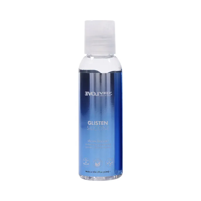 front view of 2 oz Evolved Glisten clear silicone lubricant bottle with blue label
