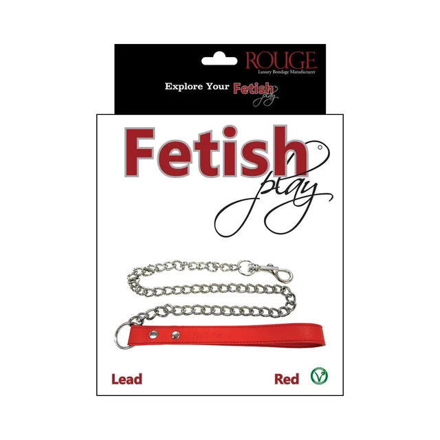 Red Rouge Fetish Play vegan-leather leash and chain on retail card