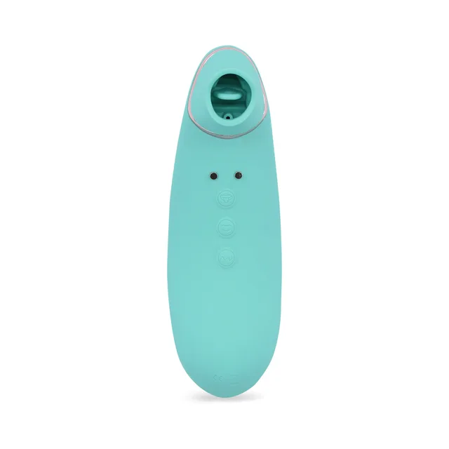 upright aqua Trinitii vibrator with oval opening and three front buttons
