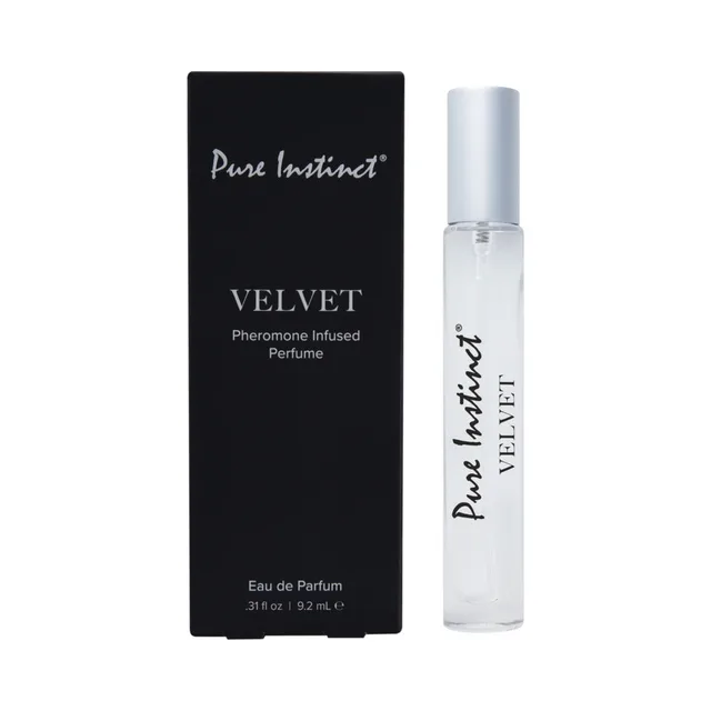 Pure Instinct Velvet perfume spray 0.31 oz slim clear atomizer beside black carton