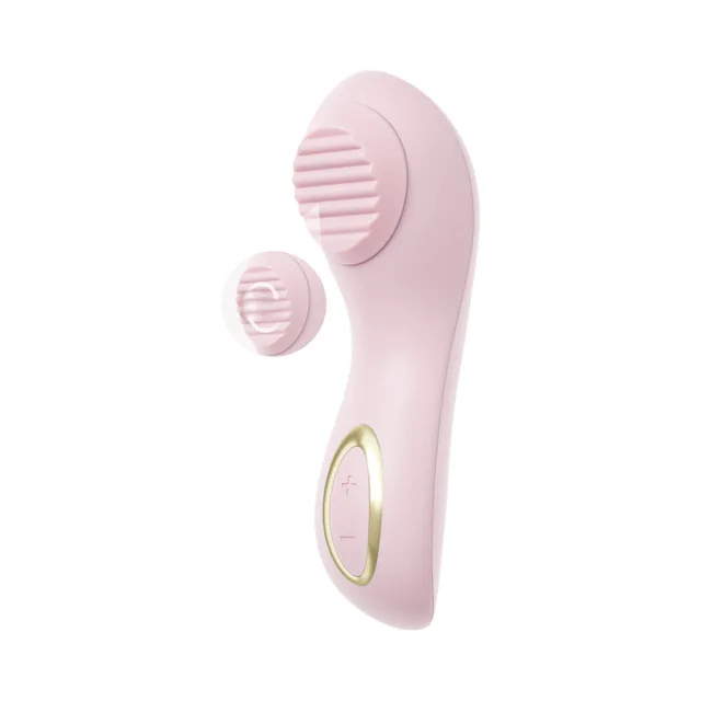 Blush Delice Dahlia pink dual-head massager front view showing both circular textured heads