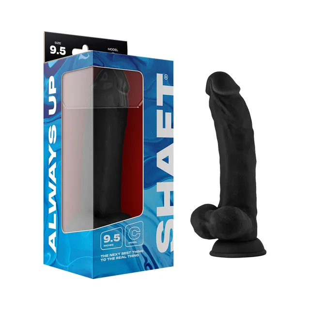 Shaft Model C 9.5-inch black dong beside blue retail box