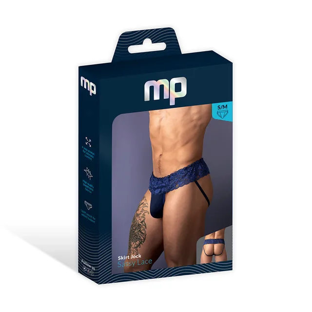 Male Power Sassy Lace Skirt Jock in navy size S/M displayed in a navy window retail box