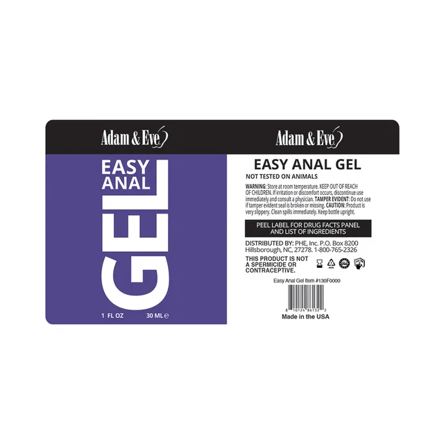 Front and rear labels for Adam and Eve Easy Anal Gel
