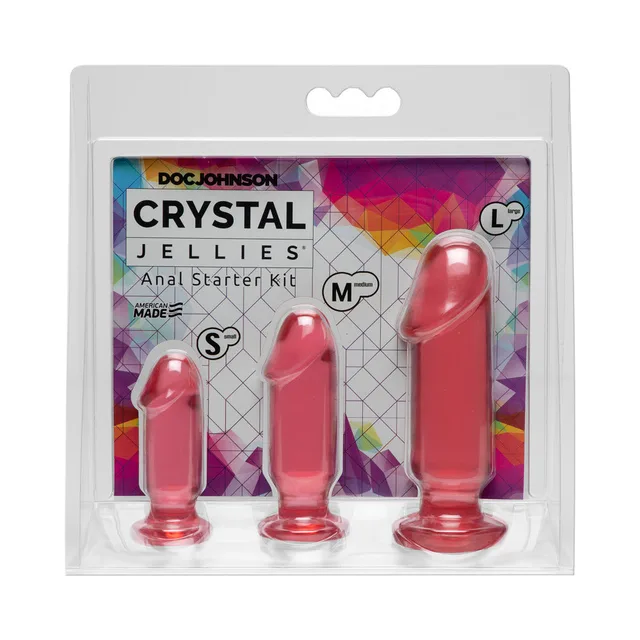 Doc Johnson Crystal Jellies Pink Kit clear hanging pack with three pink plugs