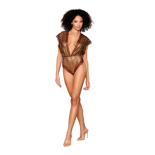 model wearing gold Dreamgirl lace blouson teddy and rhinestone metal bra set