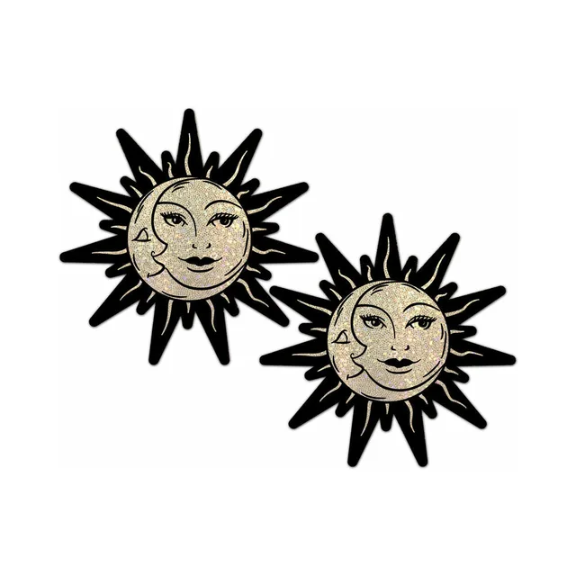 Pastease gold glitter sun pasties with black rays and moon face artwork