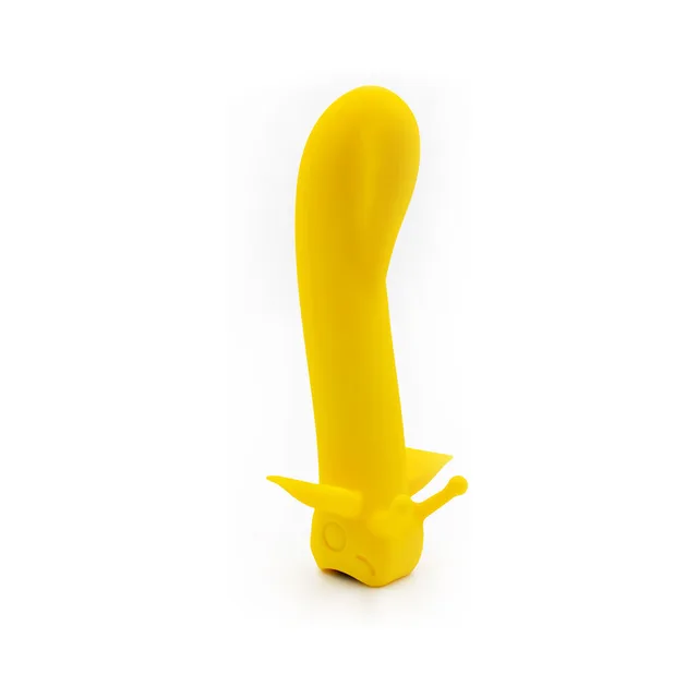 yellow Shimmer Sunshine vibrator standing on its fin-shaped base