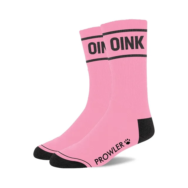 Pair of pink Prowler RED socks with OINK cuff lettering