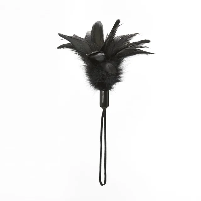 Upright black feather tickler with fanned feathers and long wrist loop