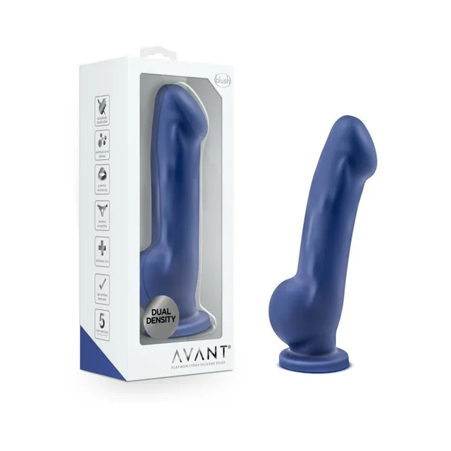 Blue Avant D8 Ergo dildo beside clear retail box