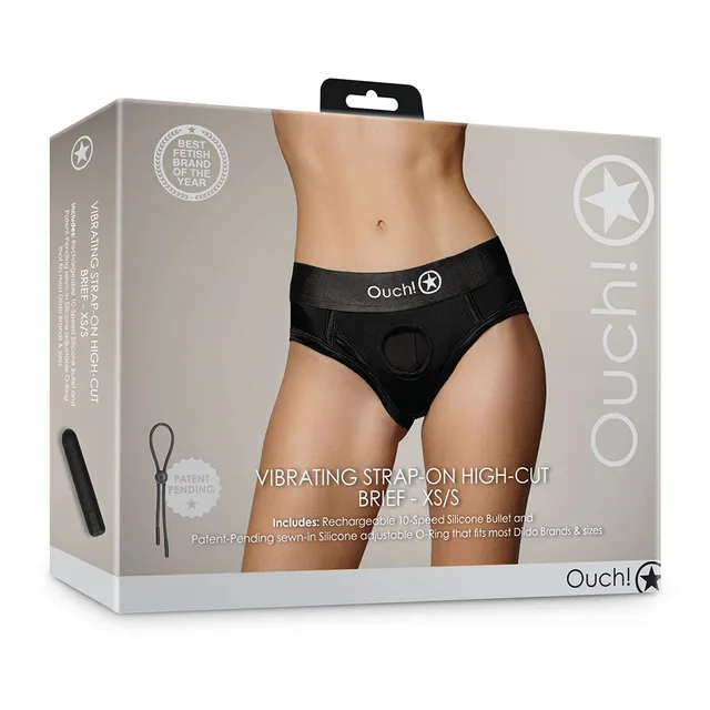 Shots Ouch black XS/S high-cut vibrating strap-on brief front retail box