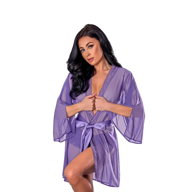 Magic Silk periwinkle sheer flutter sleeve robe S/M front view with wide sleeves and tied waist sash