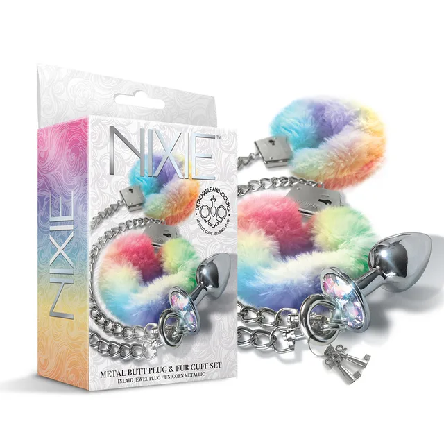NIXIE medium rainbow furry handcuff and metal plug set arranged beside colorful retail box