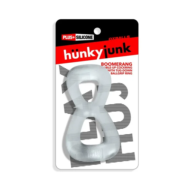 Oxballs Hunkyjunk Boomerang Clear Steam double ring retail package with translucent figure-eight ring