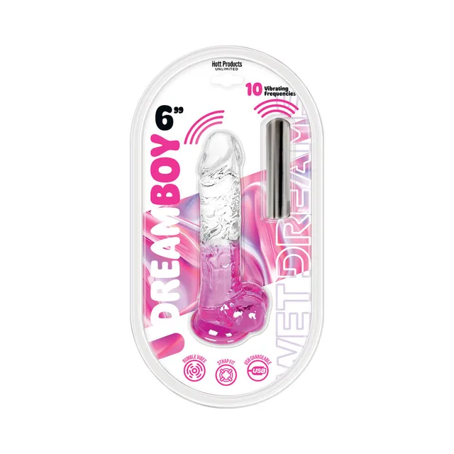 Clear magenta 6-inch Dream Boy dildo with white bullet in package