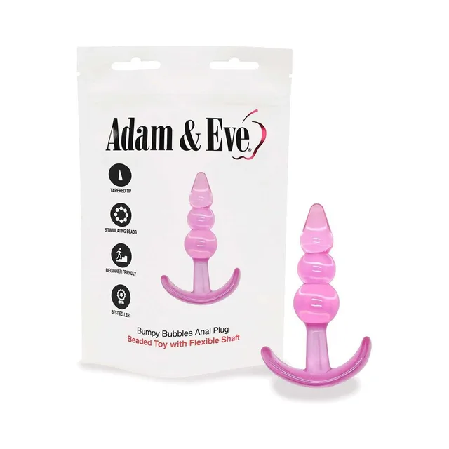 Hot-pink Bumpy Bubbles plug displayed with white Adam and Eve bag
