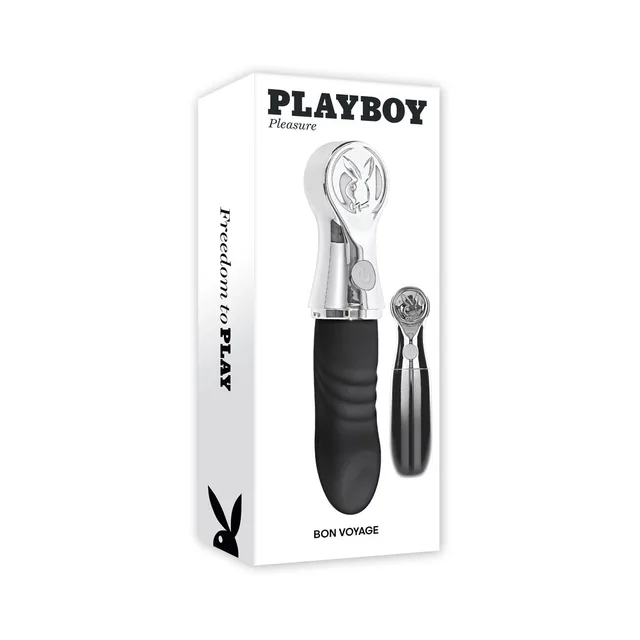 Playboy Bon Voyage Hematite Chrome vibrator beside retail box