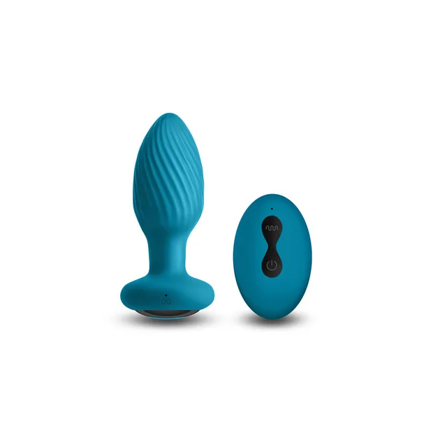 Teal ribbed Alpine plug beside oval remote