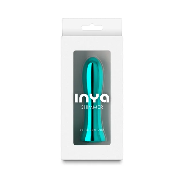 Metallic-aqua INYA Shimmer aluminum vibrator visible through white box