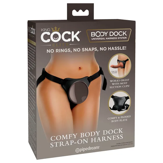 King Cock Elite Comfy Body Dock black harness retail box front