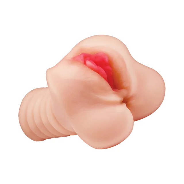 Angled beige Sophie masturbator showing folded opening and ribbed lower body