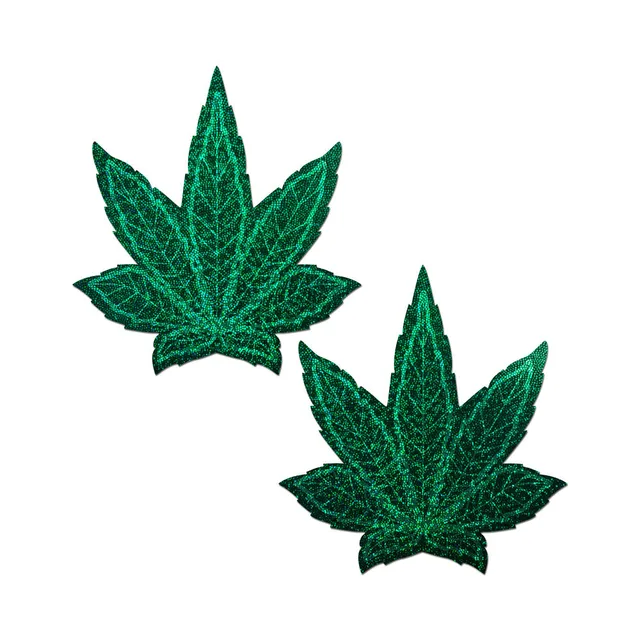 pair of green glitter pot leaf full breast covers with seven-point leaf shapes