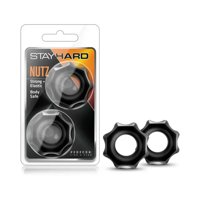 Stay Hard Nutz two black textured rings beside retail package