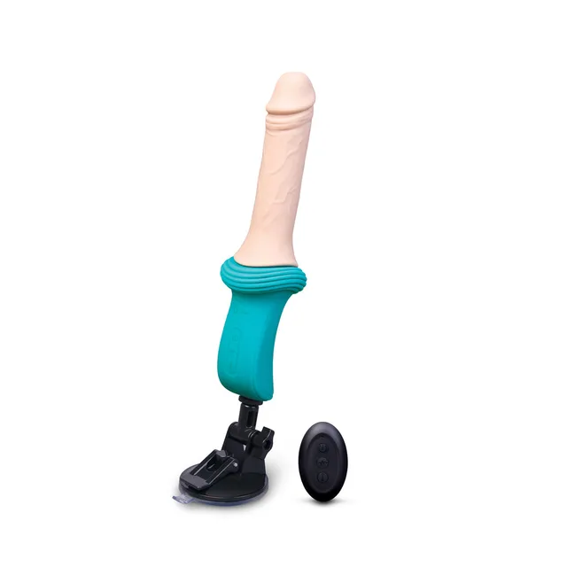 Teal b-Vibe thrusting machine with beige attachment controller and base