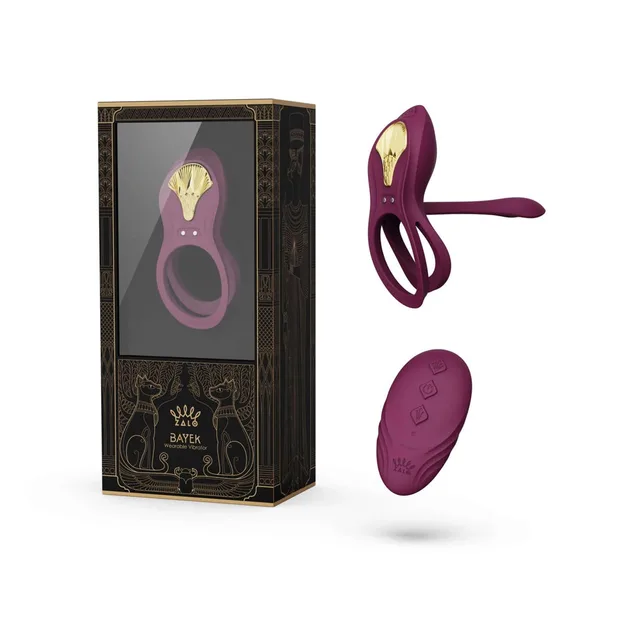 Zalo Legend Bayek Velvet Purple harness ring vibrator set beside the windowed retail box with oval remote
