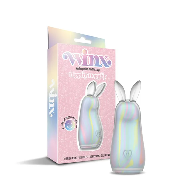 Pastel WINX Hippity Hoppity bunny vibrator displayed beside pink retail box